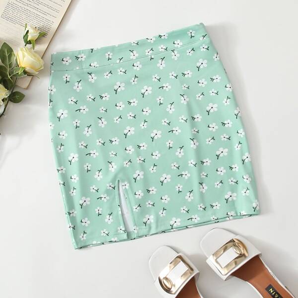

Slit Hem Ditsy Floral Print Skirt, Mint green