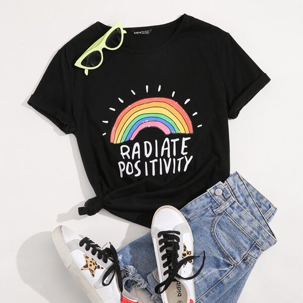 

Cartoon And Letter Graphic Tee, Black