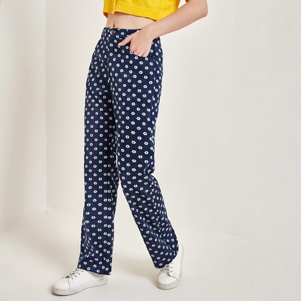 

Allover Floral Print Cord Pants, Navy blue