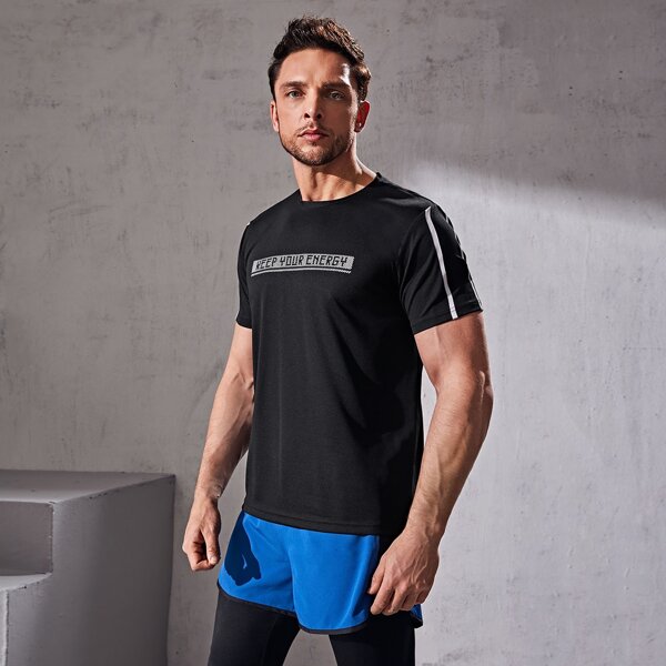 

Men Slogan Graphic Side Striped Sports Tee, Black