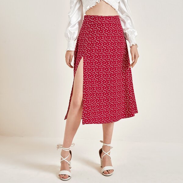 

Split Thigh Heart Print Skirt, Burgundy