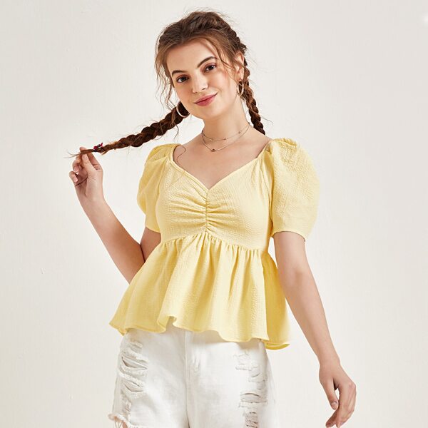 

Puff Sleeve Ruched Front Peplum Top, Yellow