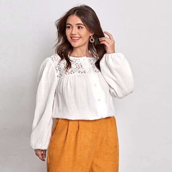 

Plus Contrast Lace Bishop Sleeve Blouse, White