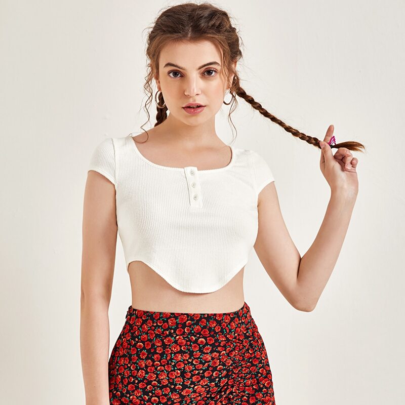 

Button Half Placket Asymmetrical Hem Tee, Beige