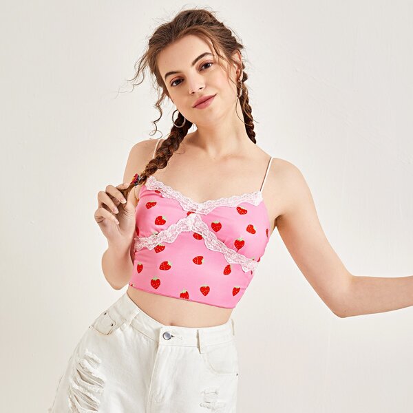 

Lace Trim Strawberry Print Cami Top, Pink