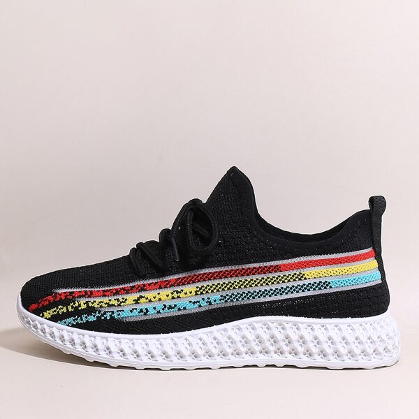 

Lace-up Decor Striped Knit Sneakers, Black
