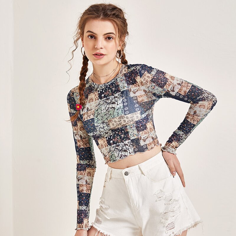 

Lettuce Trim Patchwork Print Mesh Crop Top, Multicolor
