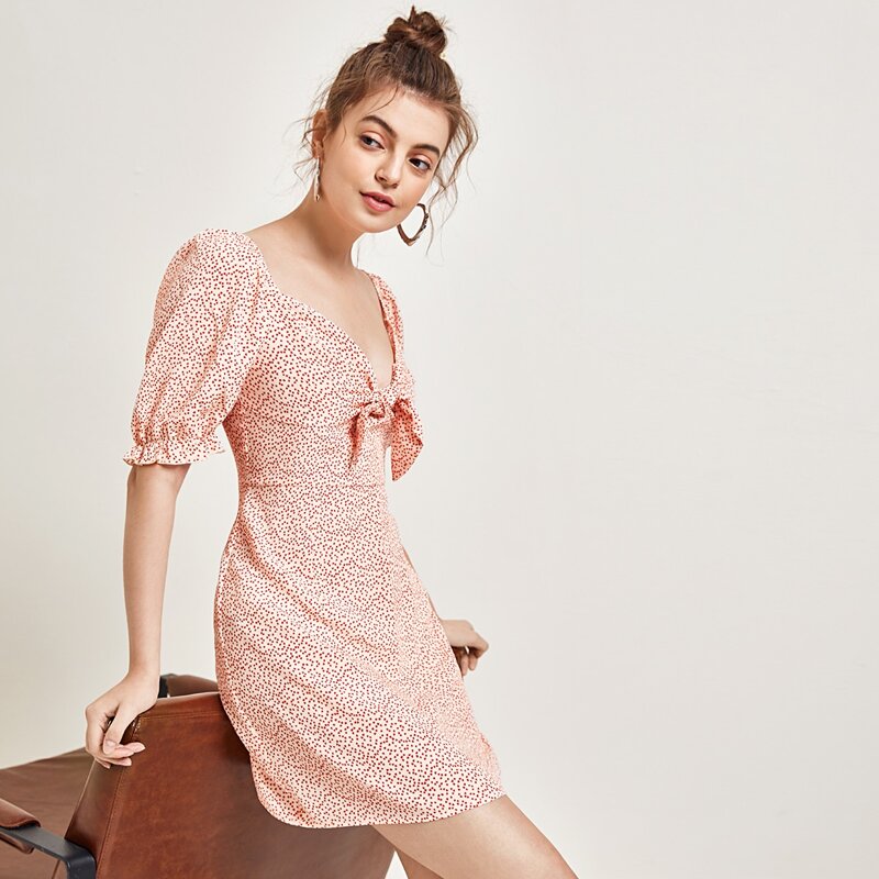 

Tie Front Heart Print Dress, Multicolor