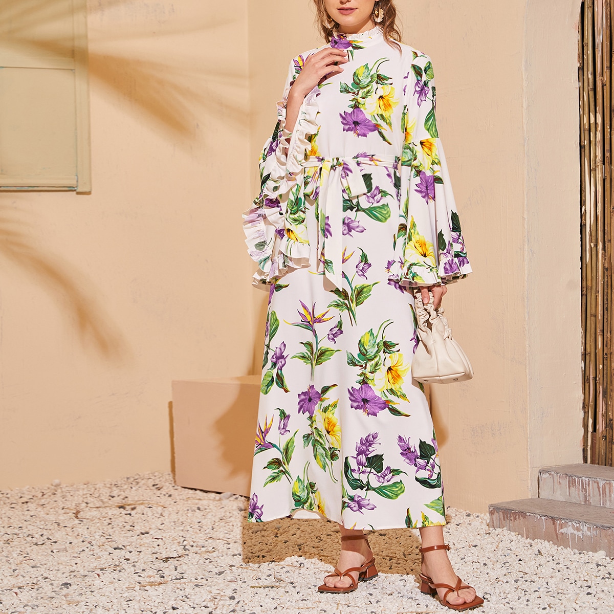 Image of Frill Trim Bell Sleeve Self Belted Floral Dress