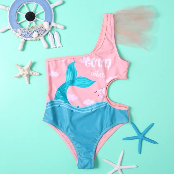 

Girls Mermaid & Letter Graphic One Piece Swimsuit, Multicolor