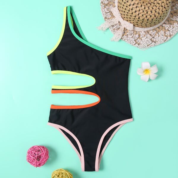 

Girls Cut-out One Shoulder One Piece Swimsuit, Black