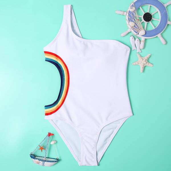 

Girls Rainbow Print One Shoulder One Piece Swimsuit, White