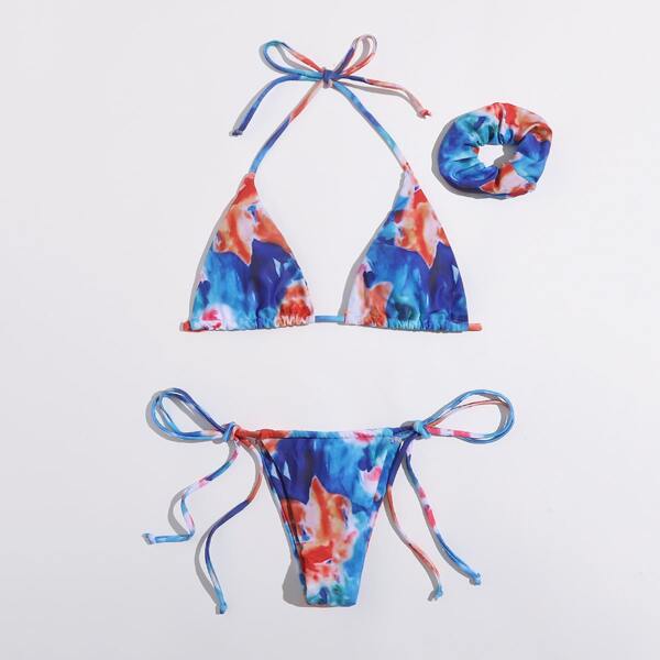

Allover Graphic Triangle Tie Side Bikini Swimsuit, Multicolor