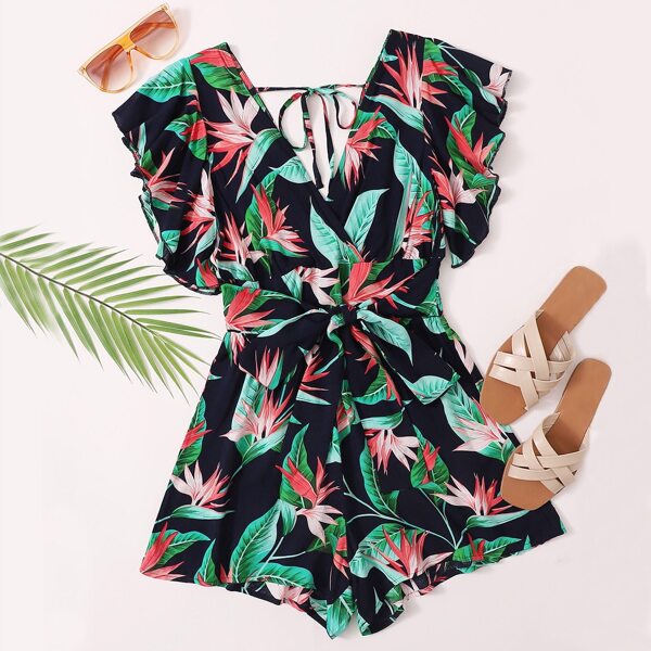 

Allover Plants Ruffle Trim Tie Back Belted Romper, Multicolor