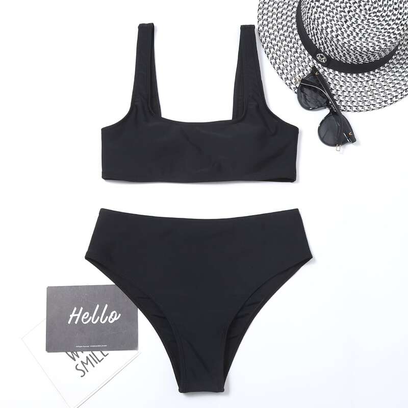 

Solid High Waist Bikini Swimsuit, Black