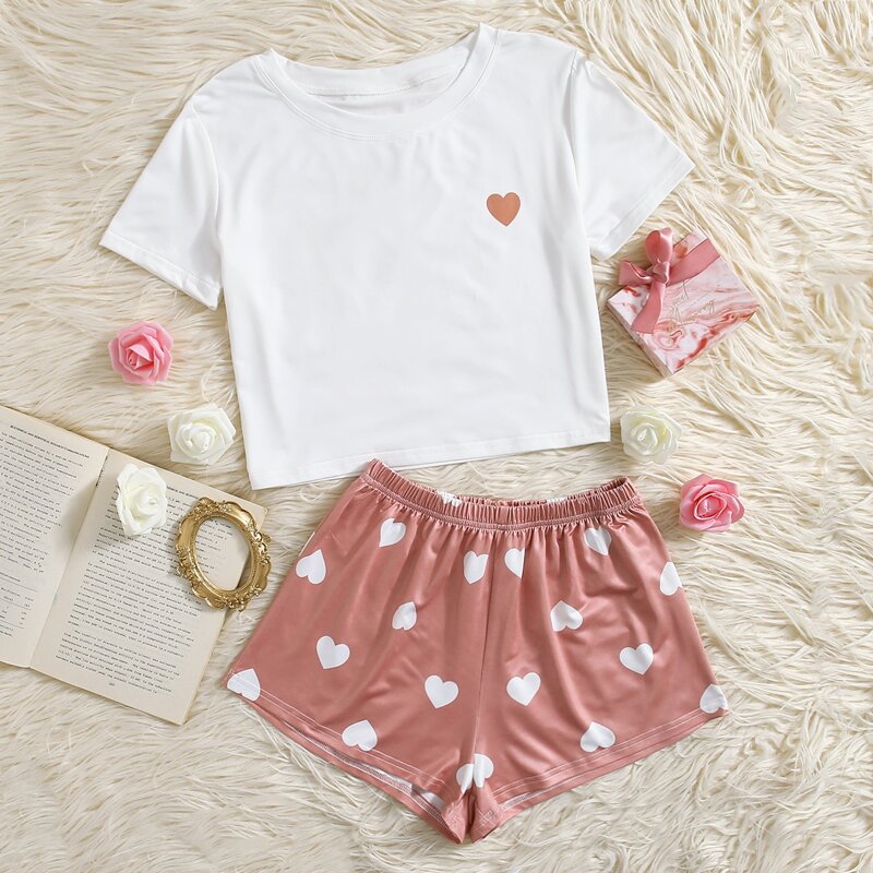 

Heart Print Tee & Shorts PJ Set, Multicolor