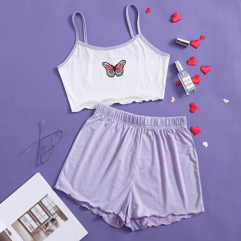 

Butterfly Print Ringer Cami PJ Set, Multicolor