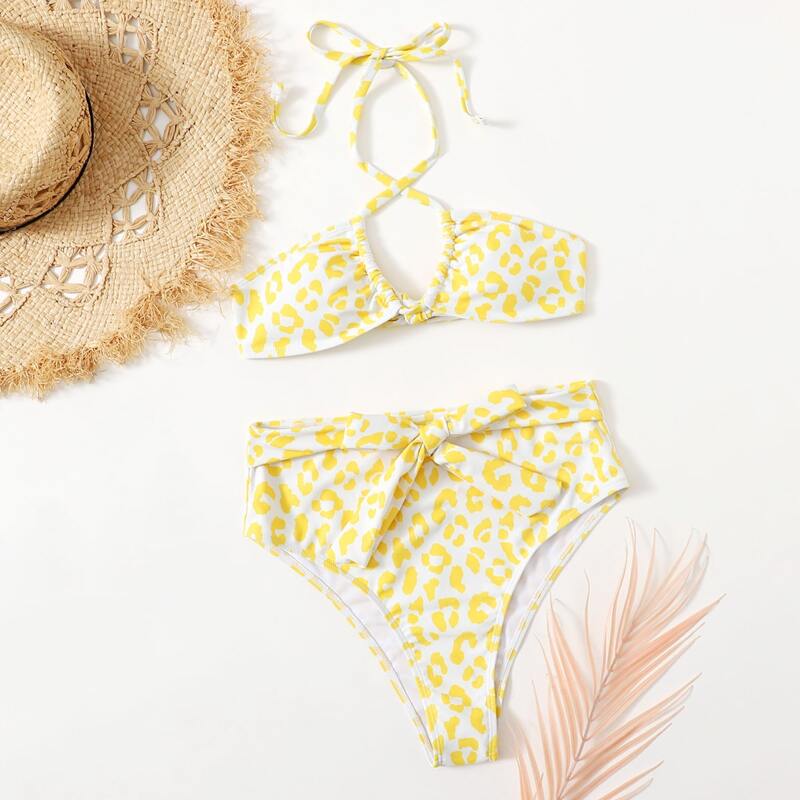 

Allover Print Tie Front High Waist Bikini Swimsuit, Yellow