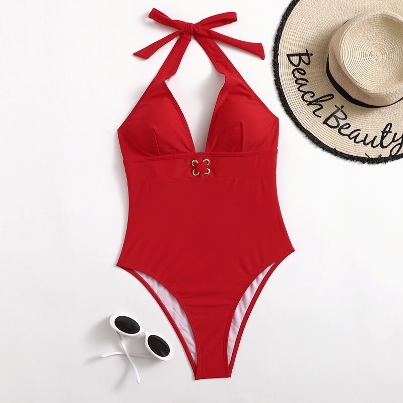 

Solid Tie Back One Piece Swimsuit, Red