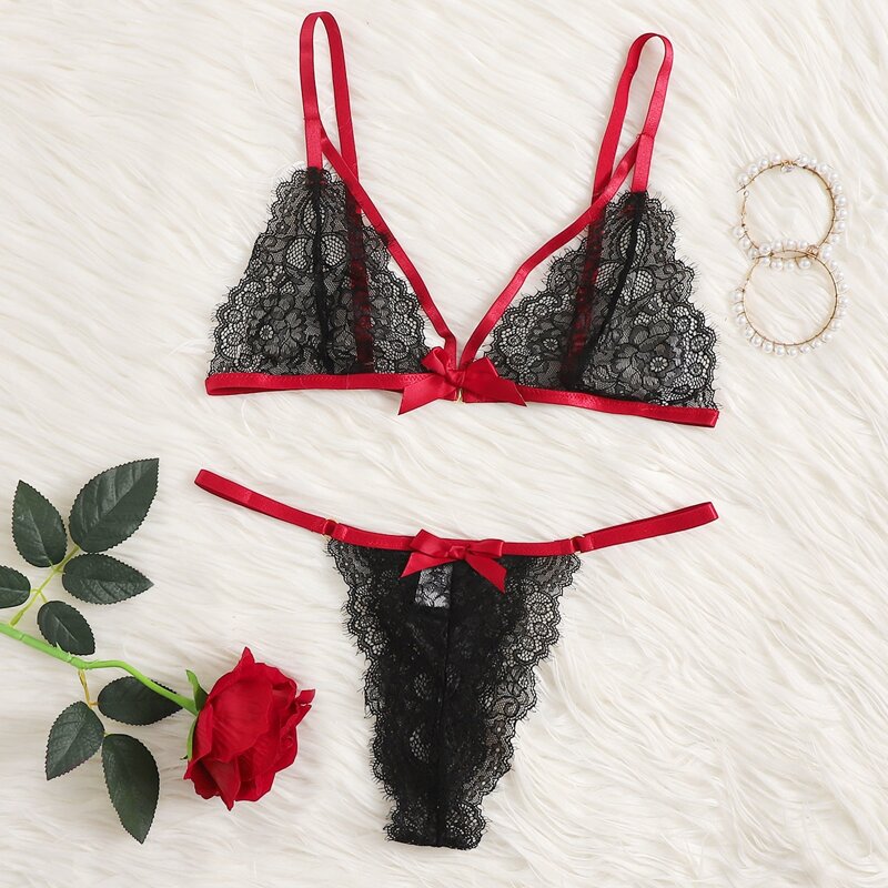 

Floral Lace Thong Lingerie Set, Black