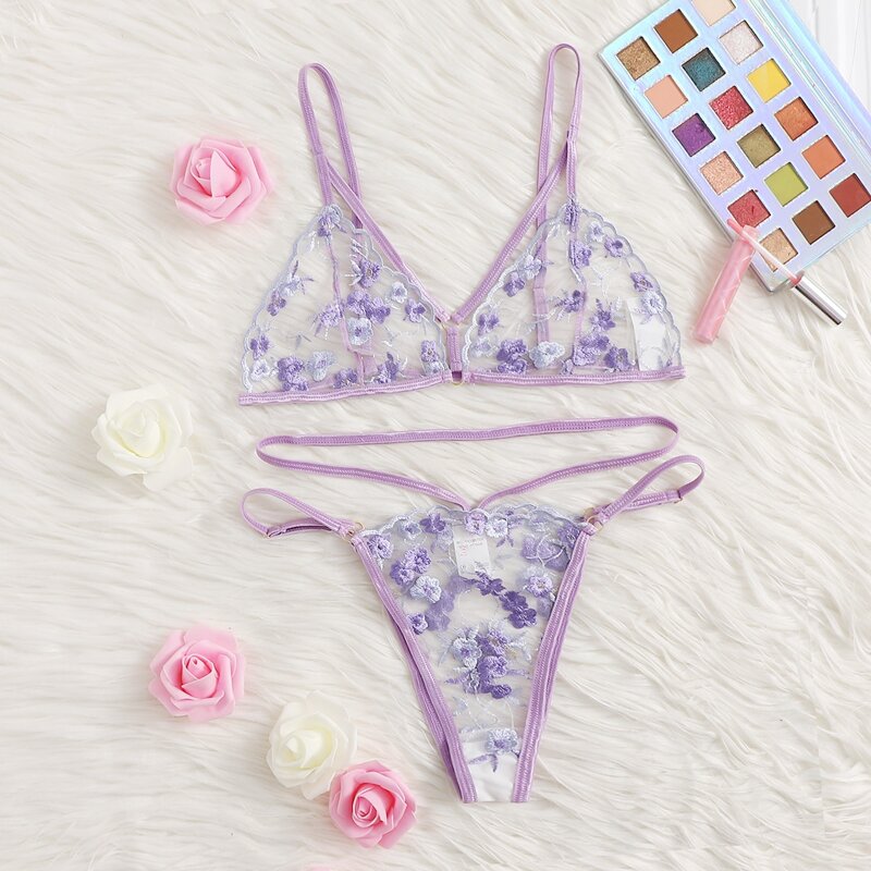 

Floral Embroidery Triangle Lingerie Set, Purple