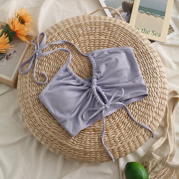 

Rib Tie Front Halter Bikini Top, Dusty purple