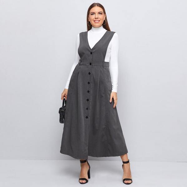 

Plus Button Through Double V Neck Dress Without Tee, Dark grey