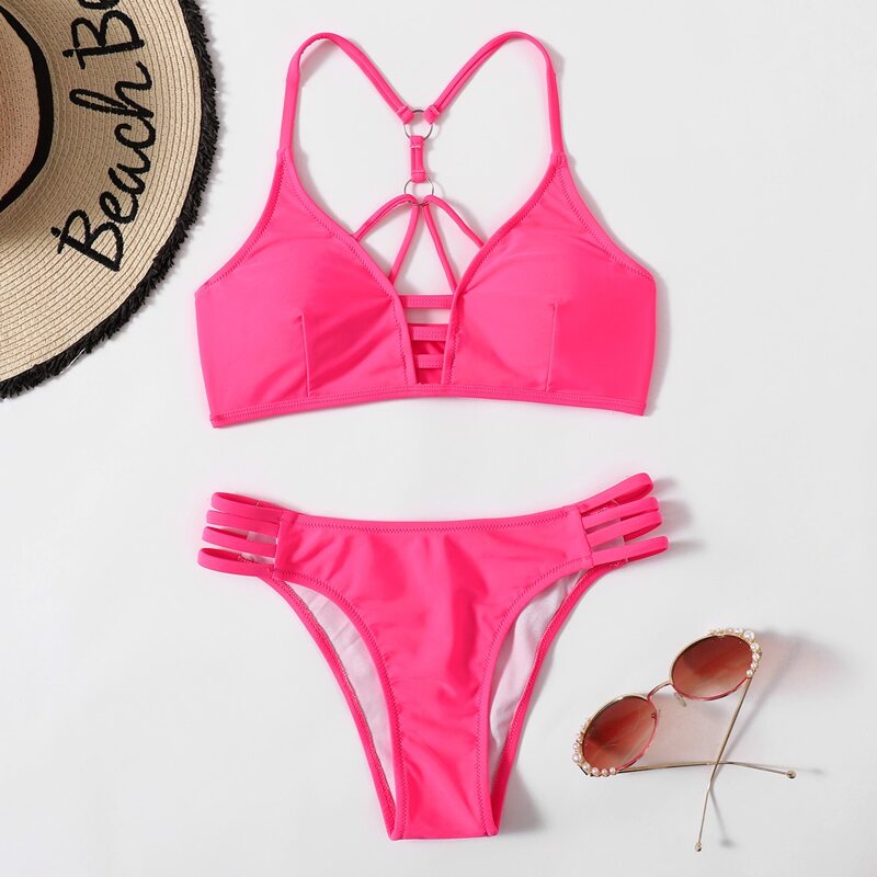 

Solid Cut-out Bikini Swimsuit, Hot pink