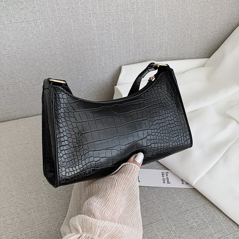 

Croc Embossed Baguette Bag, Black