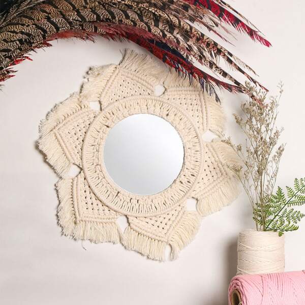 

1pc Woven Tassel Rim Wall Hanging Mirror, Beige