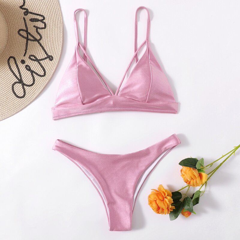 

Metallic Triangle High Cut Bikini Swimsuit, Pink