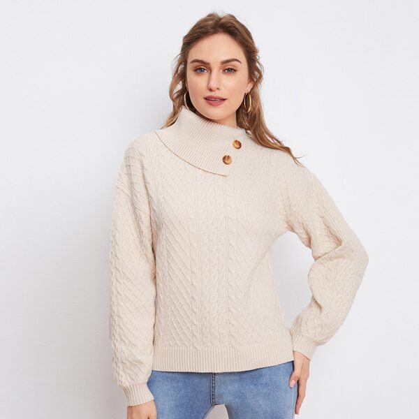 

Button Front Rolled Neck Sweater, Beige