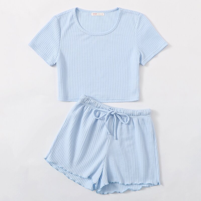 

Solid Crop Tee & Tie Front Lettuce Trim Shorts, Baby blue