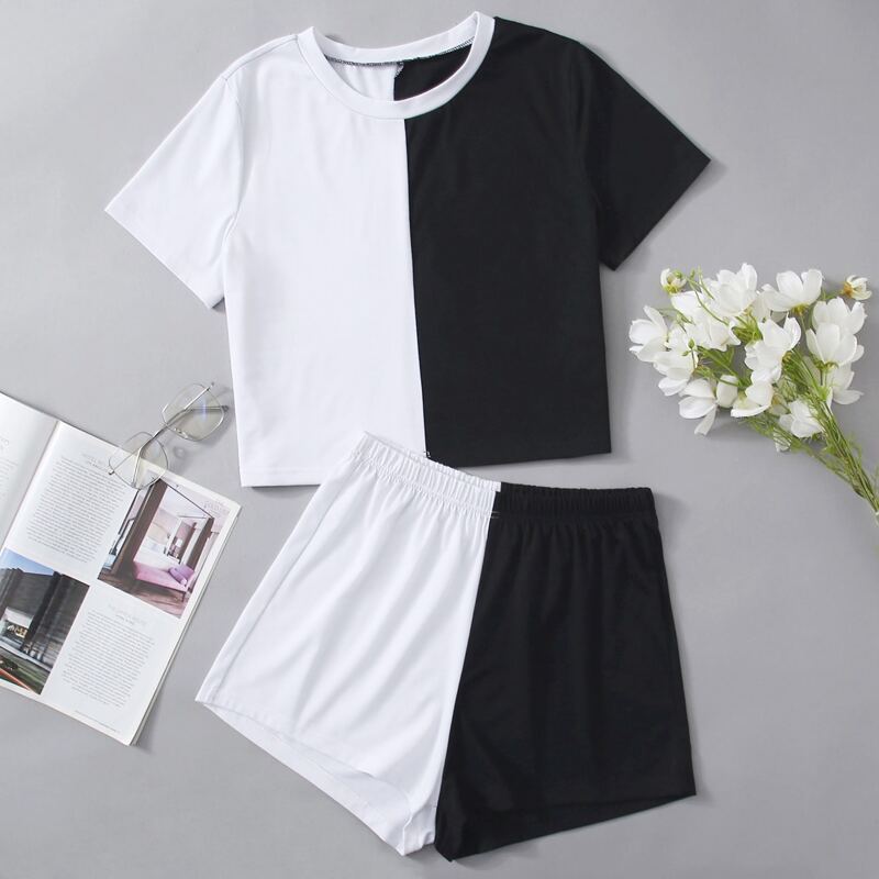 

Colorblock Tee & Shorts PJ Set, Black and white