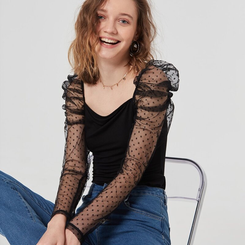 

Dobby Mesh Gigot Sleeve Top, Black