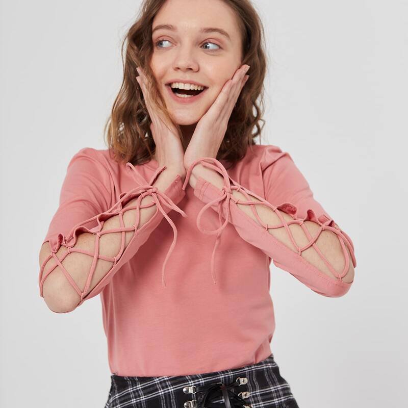 

Lace Up Sleeve Skinny Tee, Dusty pink