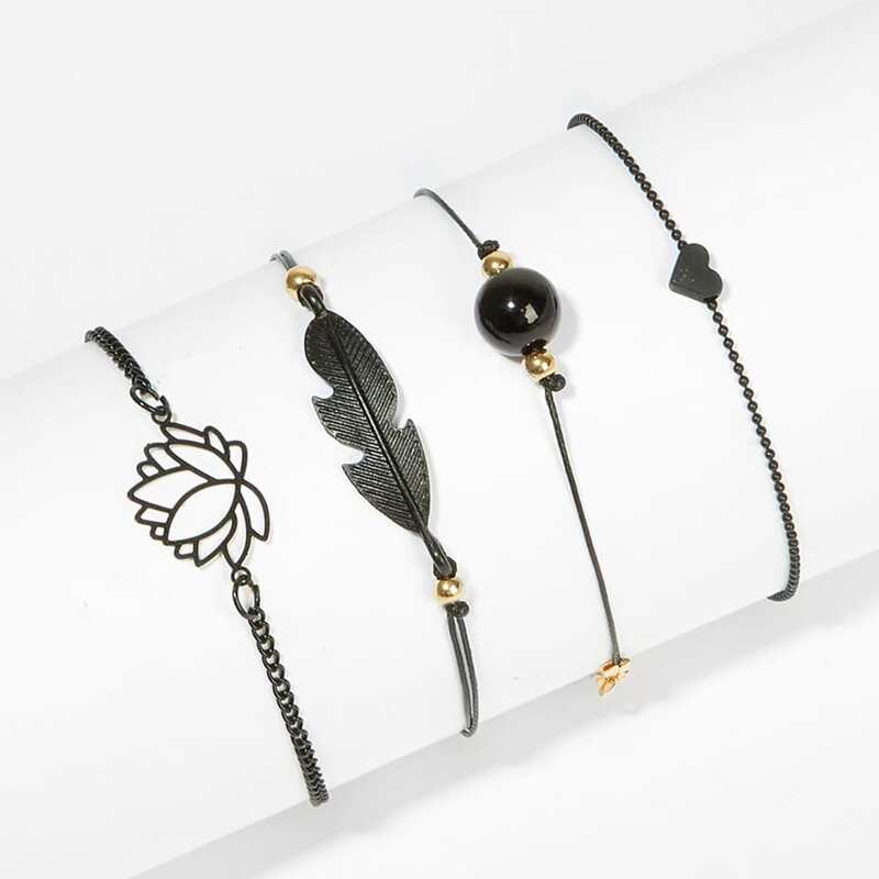 

4pcs Leaf Design Anklet, Black