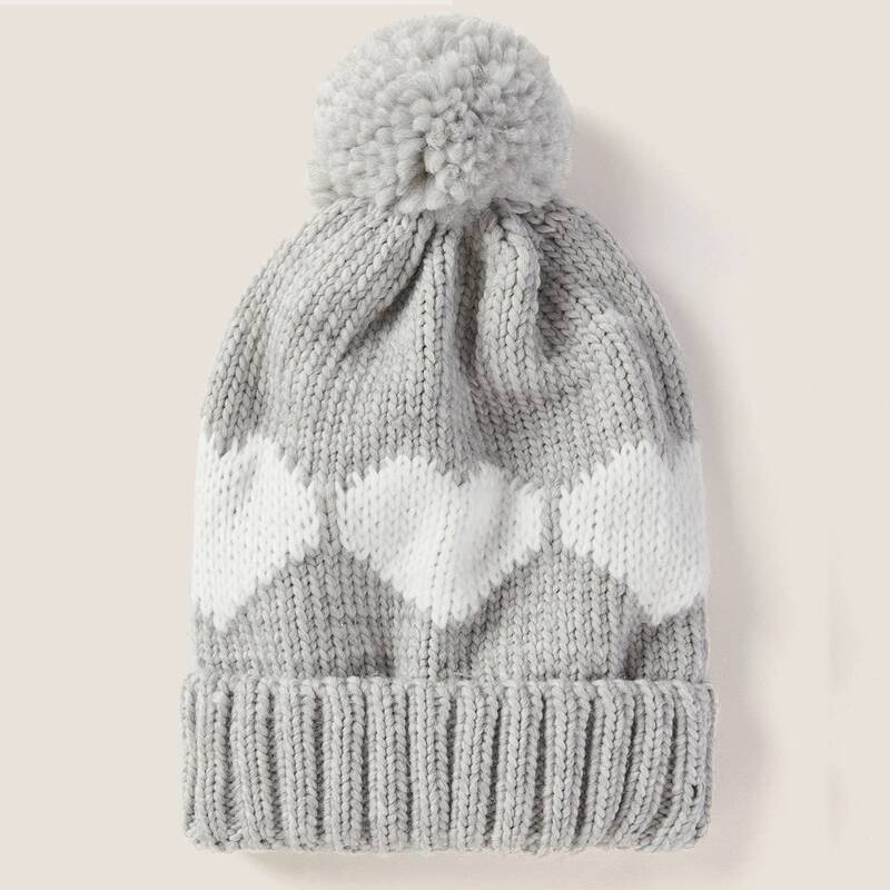 

Heart Pom Pom Knit Beanie, Grey
