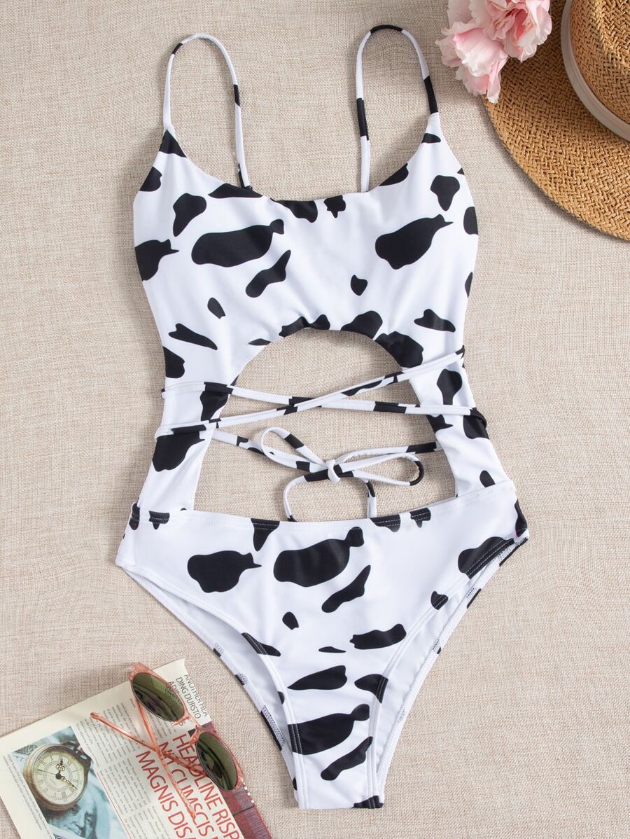 Cow Print Cut-Out One Piece Swimsuit, For Summer Beach Vacation - Black and White - View 1