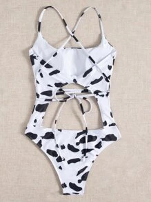 Cow Print Cut-Out One Piece Swimsuit, For Summer Beach Vacation - Black and White - View 2
