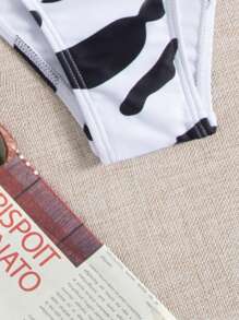 Cow Print Cut-Out One Piece Swimsuit, For Summer Beach Vacation - Black and White - View 4