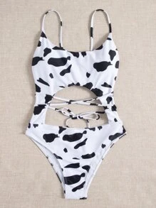 Cow Print Cut-Out One Piece Swimsuit, For Summer Beach Vacation - Black and White - View 5