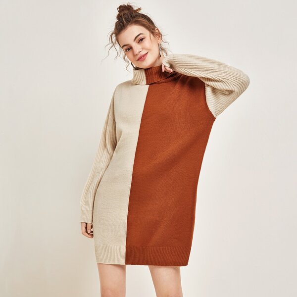 

Rolled Neck Two Tone Sweater Dress, Multicolor