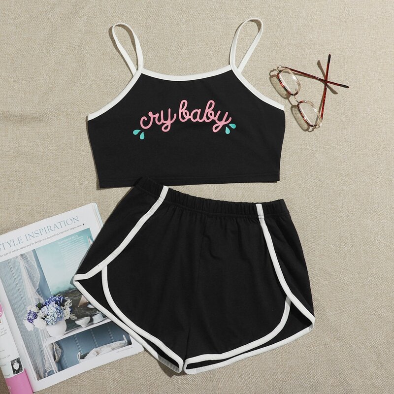 

Letter Graphic Contrast Binding Pajama Set, Black
