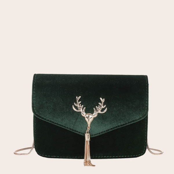 

Metal Tassel Decor Velvet Square Bag, Green