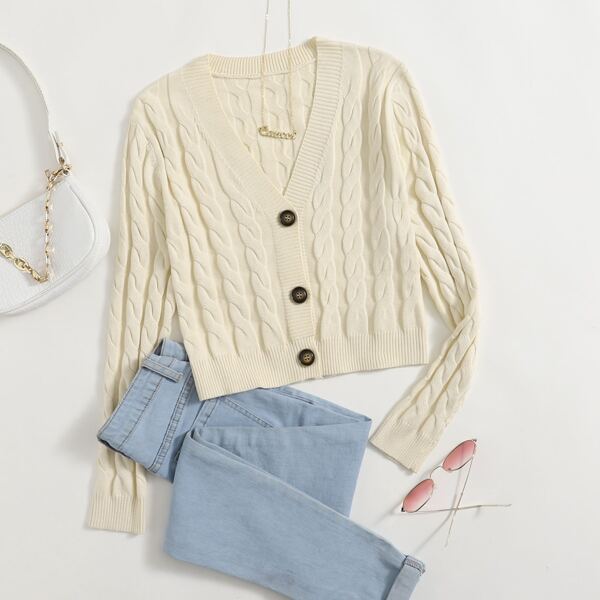 

V Neck Button Front Cable Knit Cardigan, Beige