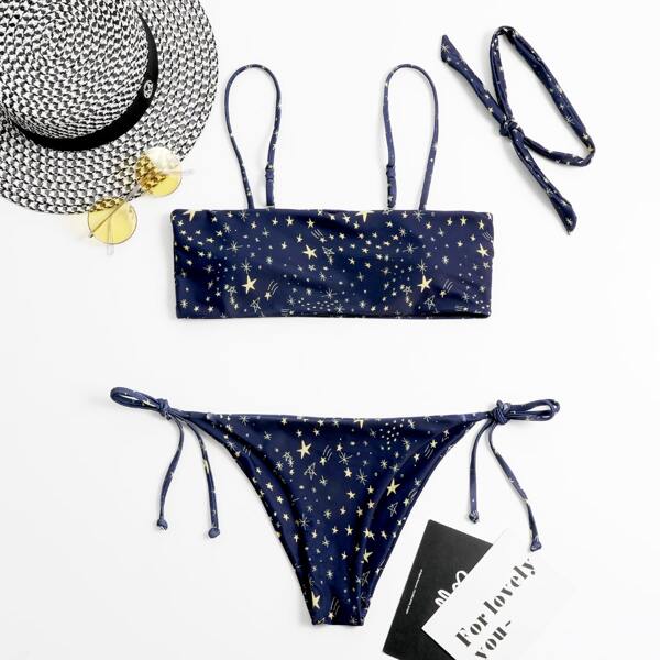 

3pack Star Print Tie Side Bikini Swimsuit, Navy blue