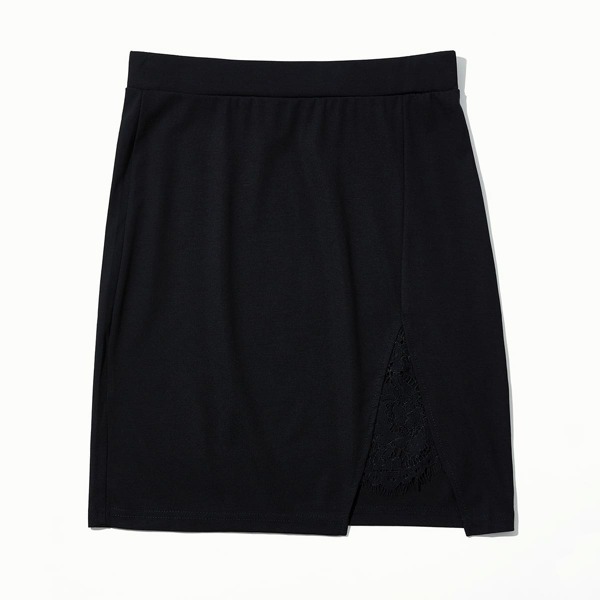 

Lace Insert Slit Hem Skirt, Black
