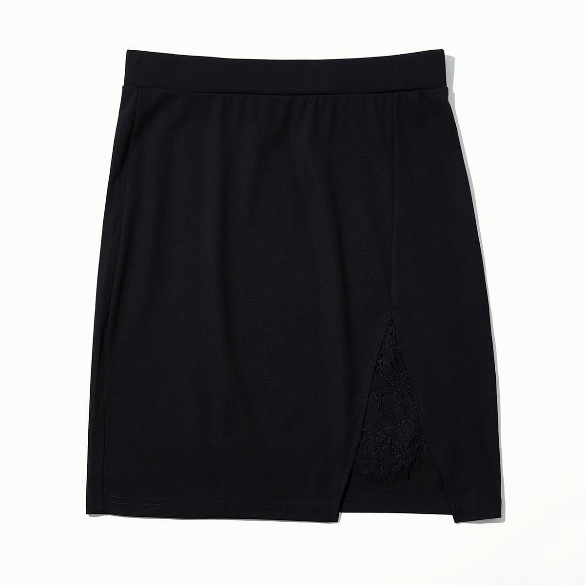 

Lace Insert Slit Hem Skirt, Black