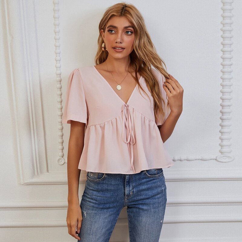 

Solid Knot Front Babydoll Blouse, Baby pink